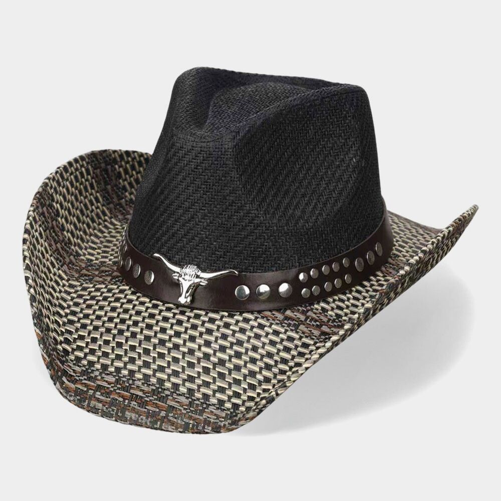 Black Woven Straw Studded Steer Head Leather Band Cowboy Brim Fedora Hat Western